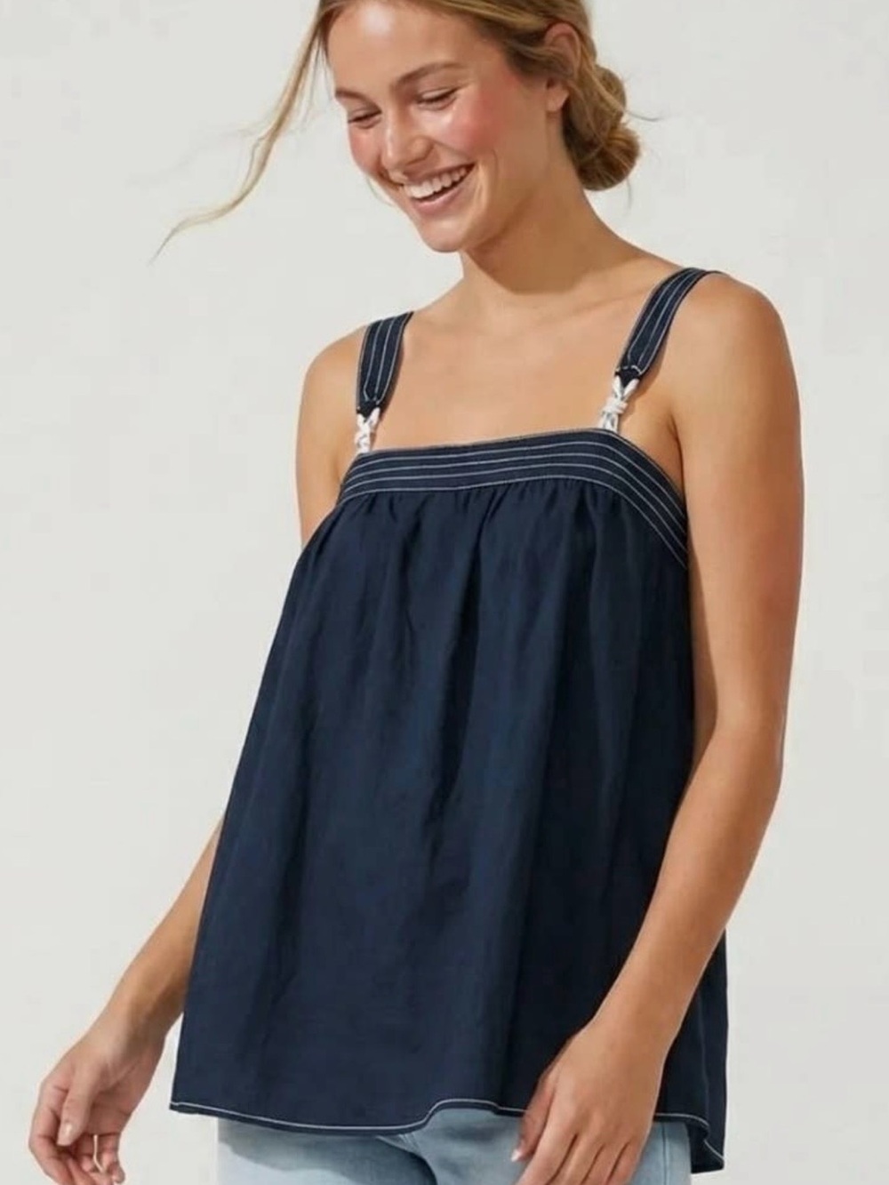 Naked Zebra Navy Square-Neck Tank with Striped Adjustable Straps